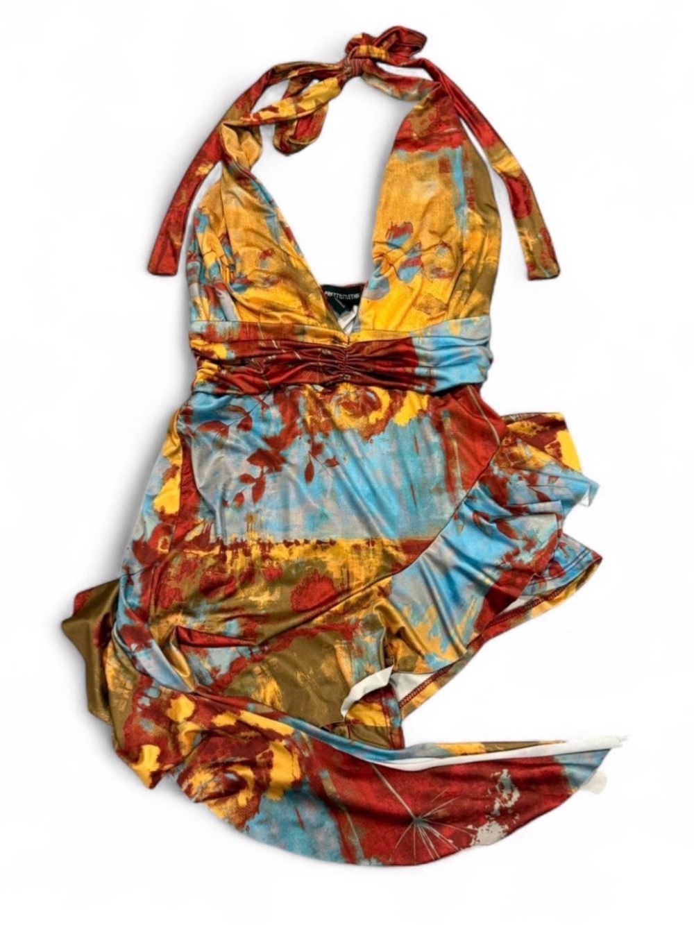 PrettyLittleThing Mustard, Rust & Sky Blue Halter Maxi Dress
